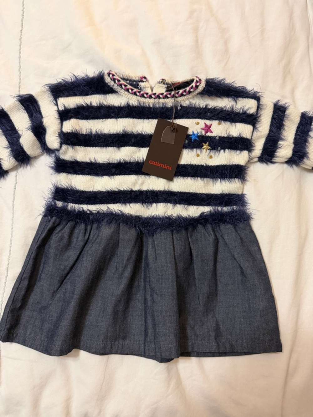 Catimini Navy and White Fuzzy Stripe Dress with Denim Skirt